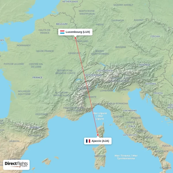 Luxembourg - Ajaccio direct flight map