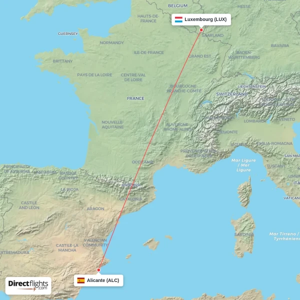Luxembourg - Alicante direct flight map