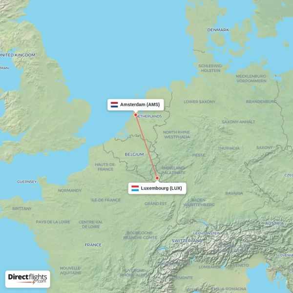 Luxembourg - Amsterdam direct flight map