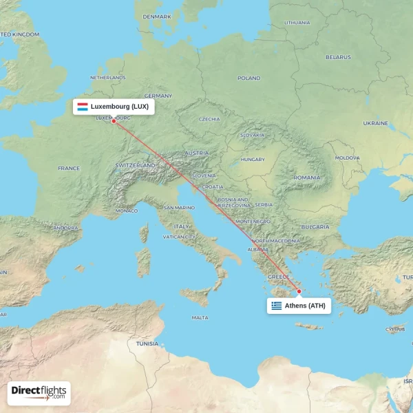 Luxembourg - Athens direct flight map