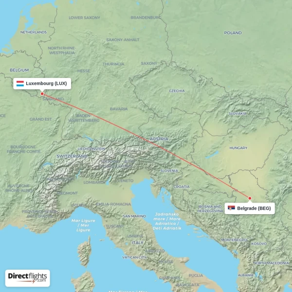 Luxembourg - Belgrade direct flight map