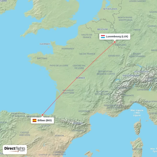 Luxembourg - Bilbao direct flight map