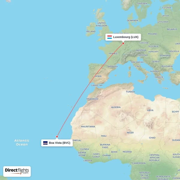Luxembourg - Boa Vista direct flight map