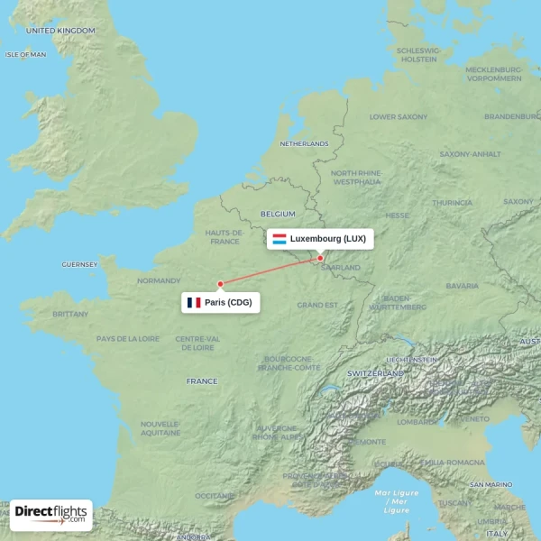Luxembourg - Paris direct flight map