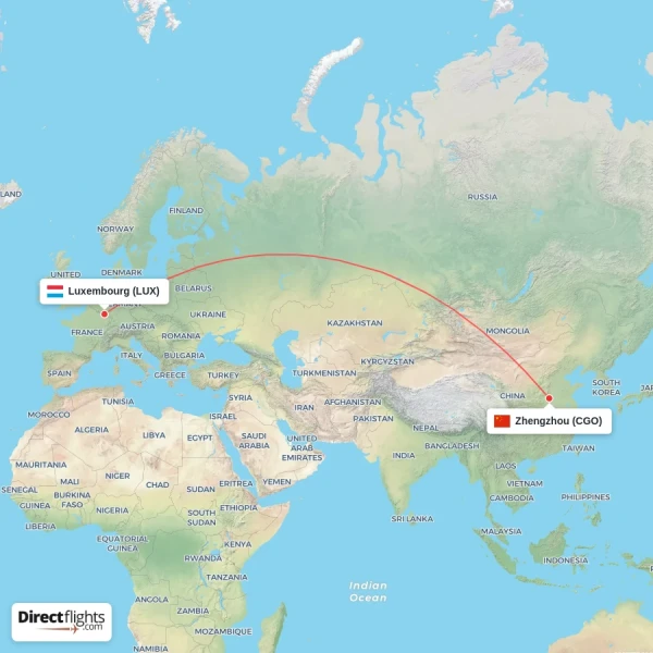 Luxembourg - Zhengzhou direct flight map