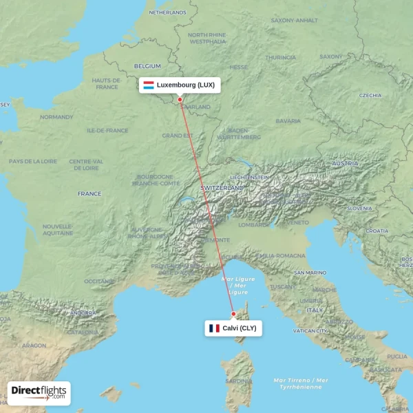 Luxembourg - Calvi direct flight map