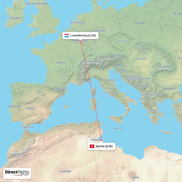 Luxembourg - Djerba direct flight map