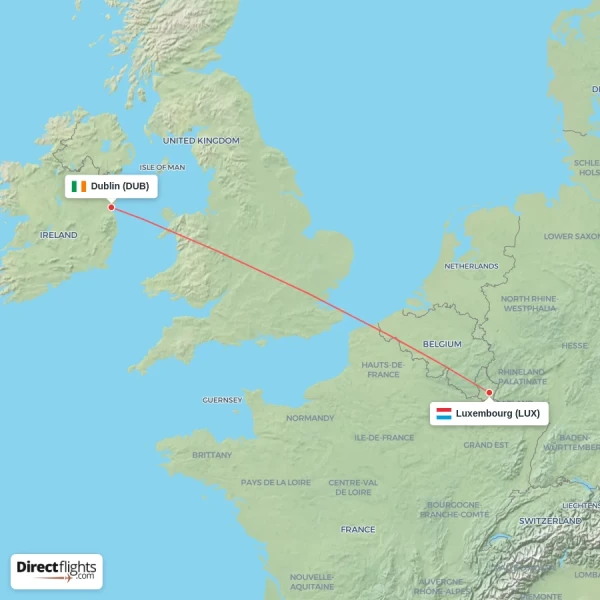 Luxembourg - Dublin direct flight map