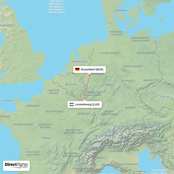 Luxembourg - Dusseldorf direct flight map