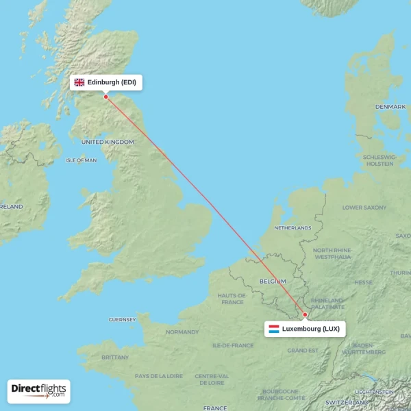 Luxembourg - Edinburgh direct flight map