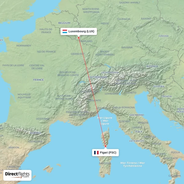 Luxembourg - Figari direct flight map