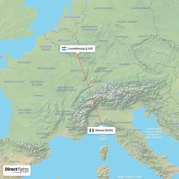 Luxembourg - Genoa direct flight map