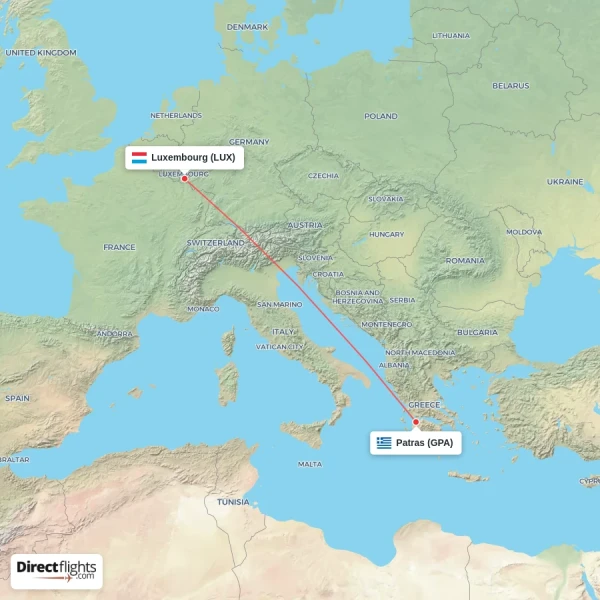 Luxembourg - Patras direct flight map