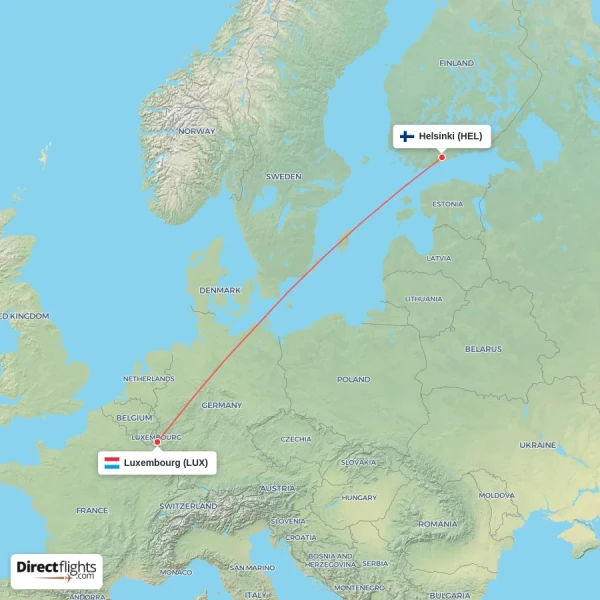 Luxembourg - Helsinki direct flight map