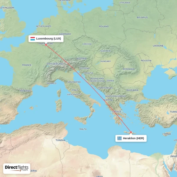 Luxembourg - Heraklion direct flight map