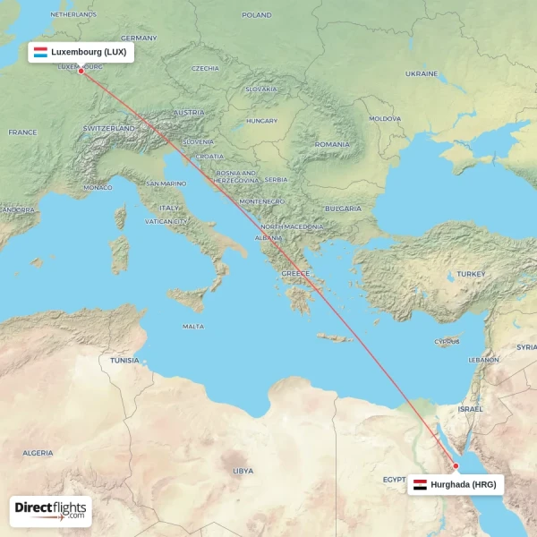 Luxembourg - Hurghada direct flight map