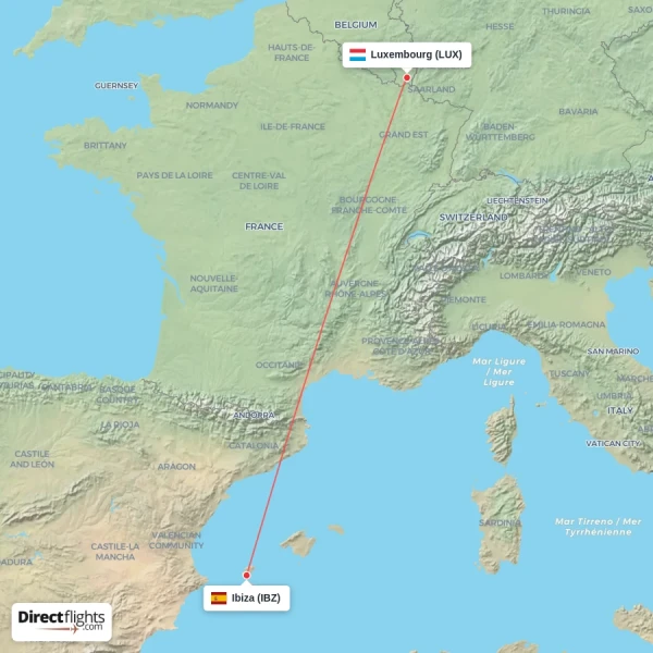 Luxembourg - Ibiza direct flight map