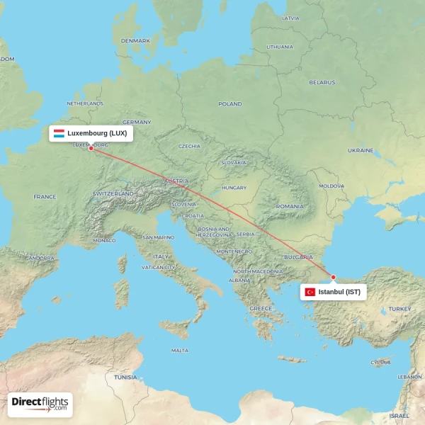 Luxembourg - Istanbul direct flight map