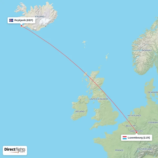 Luxembourg - Reykjavik direct flight map