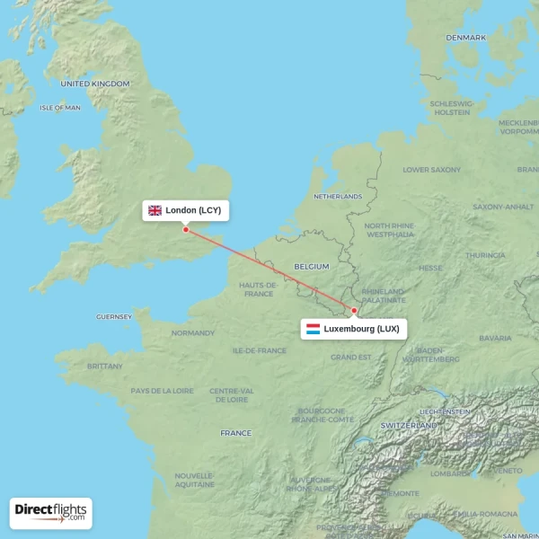 Luxembourg - London direct flight map