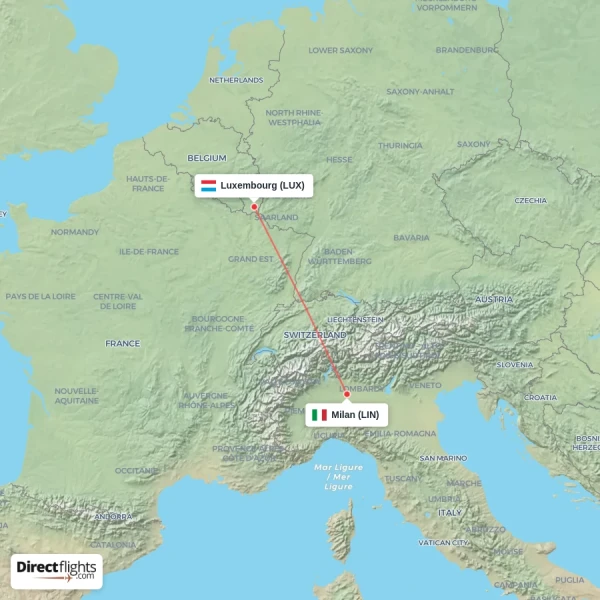 Luxembourg - Milan direct flight map