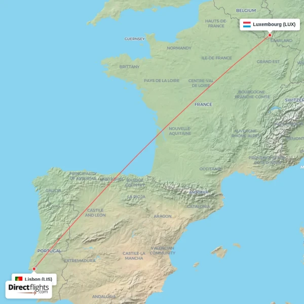 Luxembourg - Lisbon direct flight map