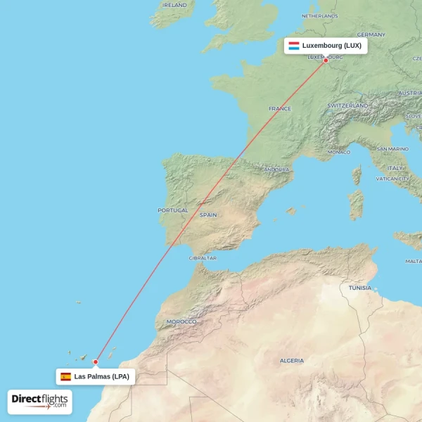Luxembourg - Las Palmas direct flight map