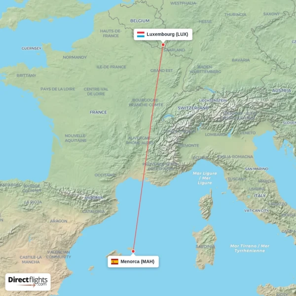Luxembourg - Menorca direct flight map