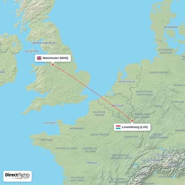 Luxembourg - Manchester direct flight map
