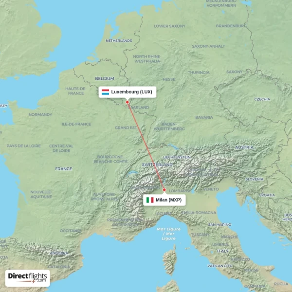 Luxembourg - Milan direct flight map