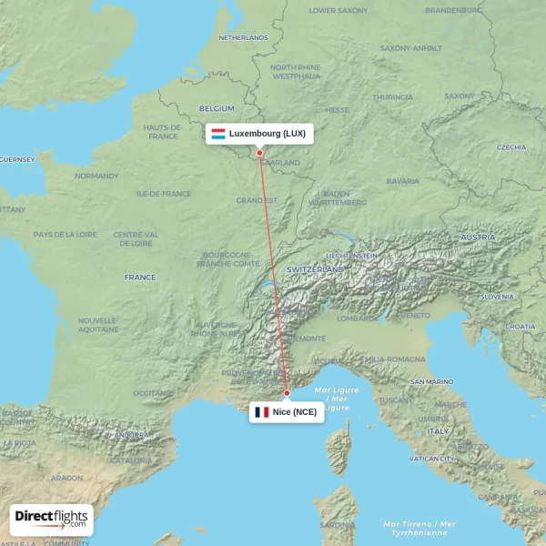 Luxembourg - Nice direct flight map