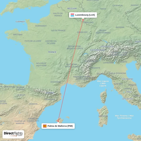 Luxembourg - Palma de Mallorca direct flight map