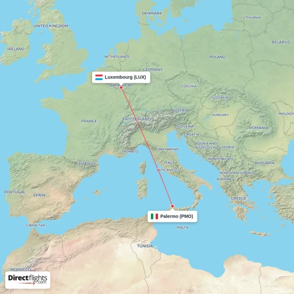 Luxembourg - Palermo direct flight map