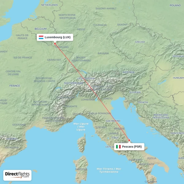 Luxembourg - Pescara direct flight map