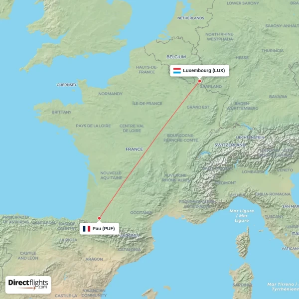 Luxembourg - Pau direct flight map
