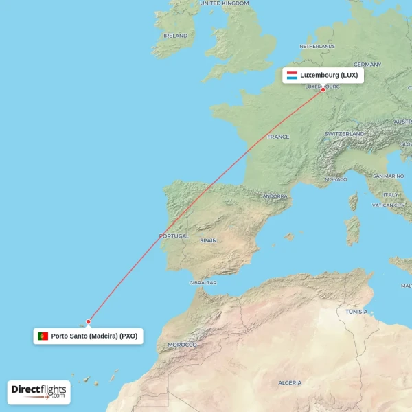Luxembourg - Porto Santo (Madeira) direct flight map