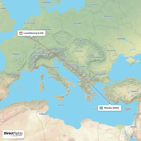 Luxembourg - Rhodes direct flight map