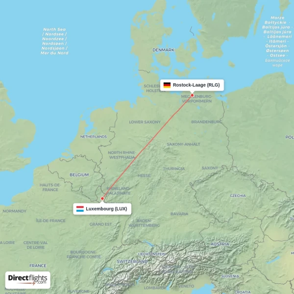Luxembourg - Rostock-Laage direct flight map