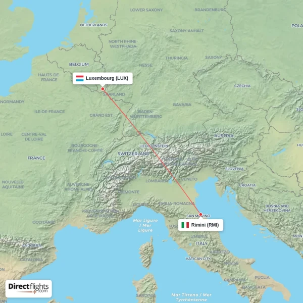 Luxembourg - Rimini direct flight map
