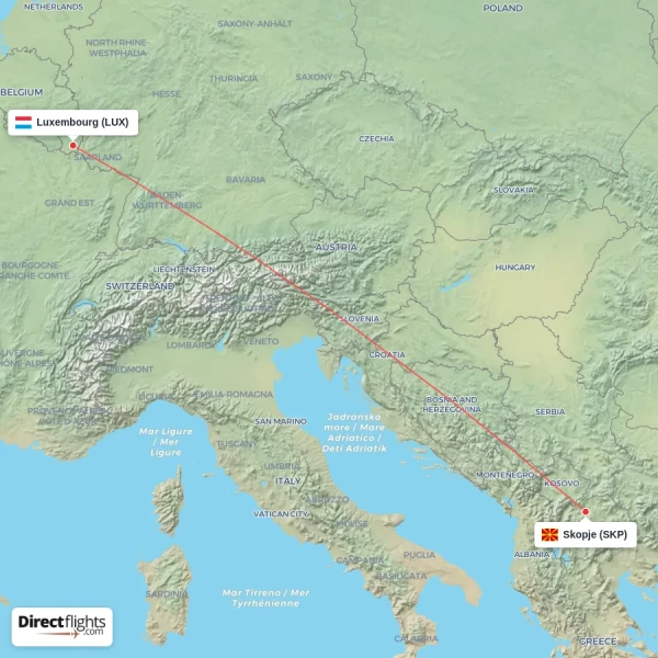 Luxembourg - Skopje direct flight map