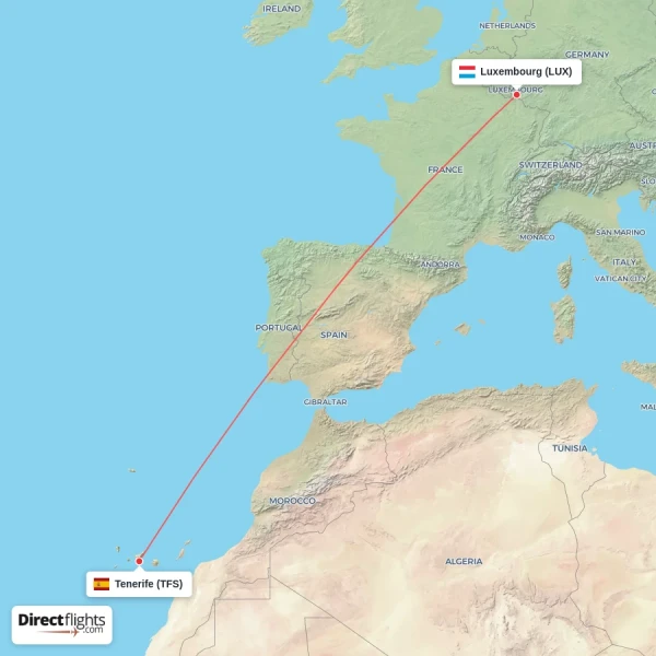 Luxembourg - Tenerife direct flight map