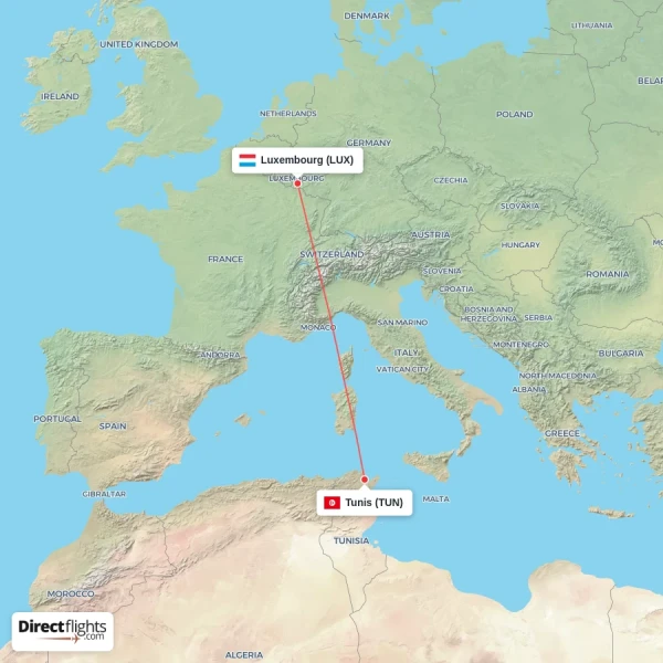 Luxembourg - Tunis direct flight map
