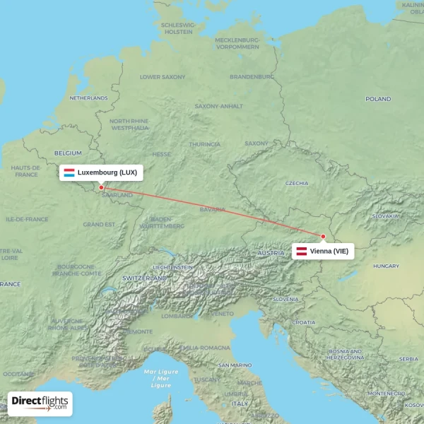 Luxembourg - Vienna direct flight map