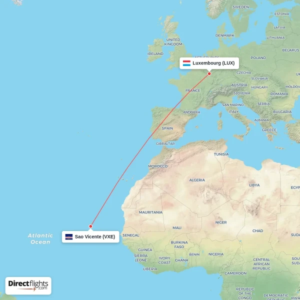 Luxembourg - Sao Vicente direct flight map