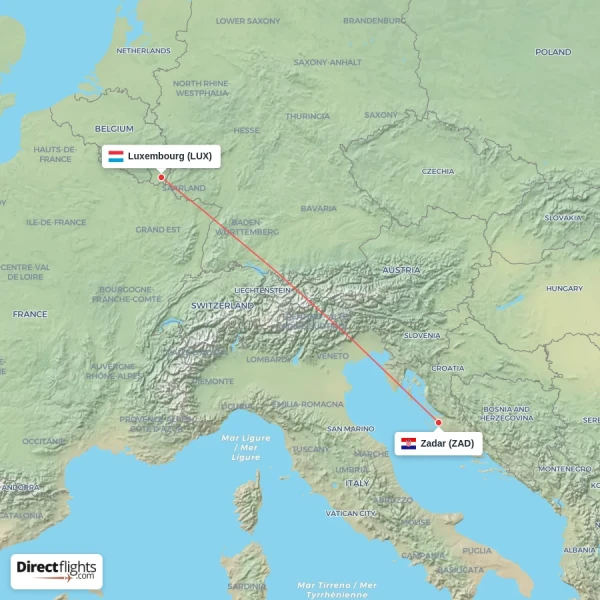 Luxembourg - Zadar direct flight map
