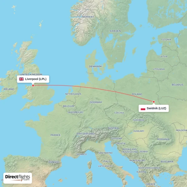 Swidnik - Liverpool direct flight map