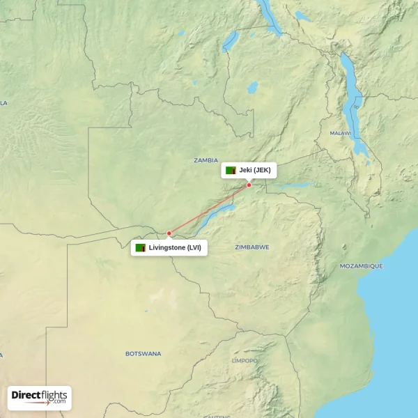Livingstone - Jeki direct flight map