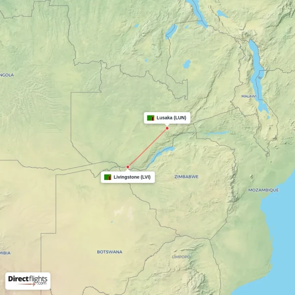 Livingstone - Lusaka direct flight map