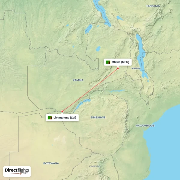 Livingstone - Mfuwe direct flight map