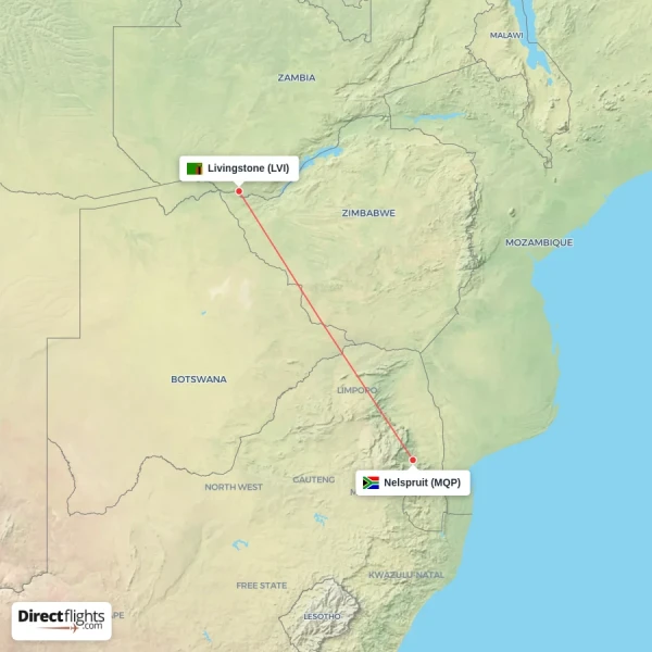 Livingstone - Nelspruit direct flight map